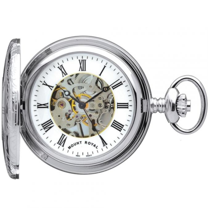 Chrome Plated Mechanical Half Hunter Pocket Watch with Skeletal Display