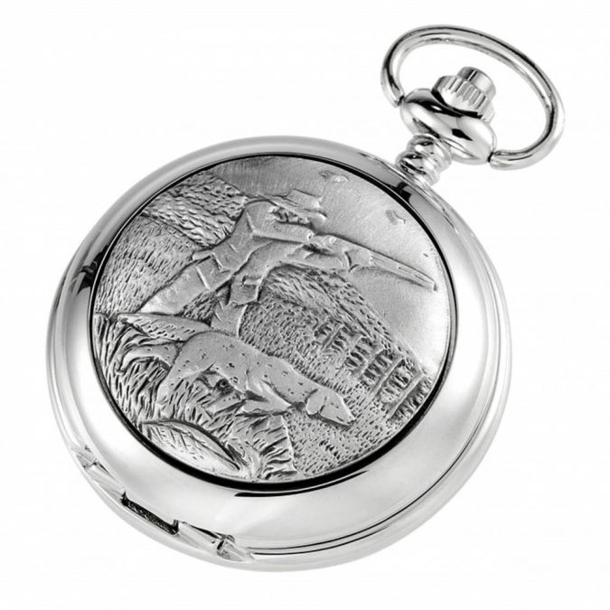 Shooting Chrome Pewter Skeleton Double Hunter Pocket Watch