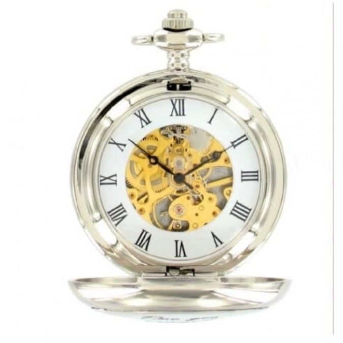 T.S. Elliot Chrome/Pewter Mechanical Double Hunter Pocket Watch