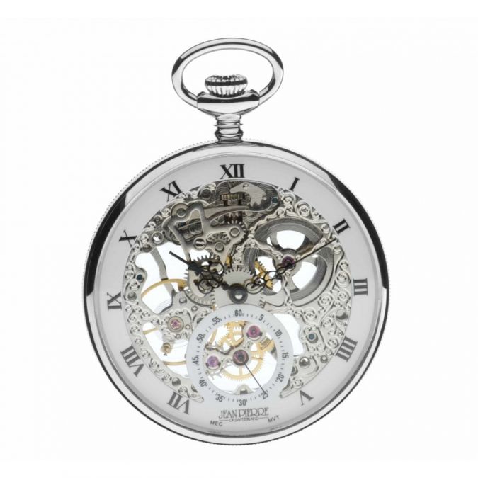 Chrome Plated Open Face 17 Jewel Skeleton Pocket Watch