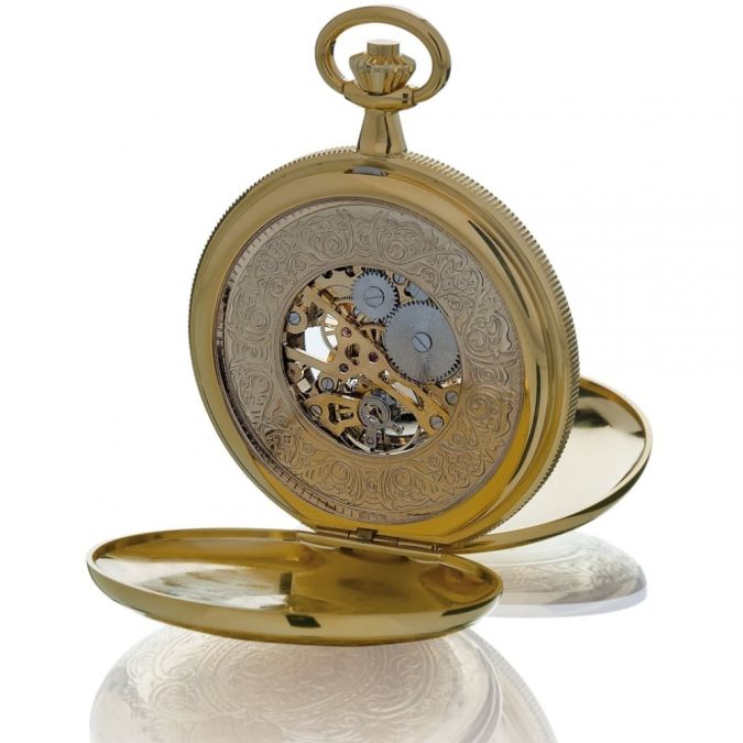 Gold Plated 17 Jewel Mechanical Skeleton Double Opening Full Hunter