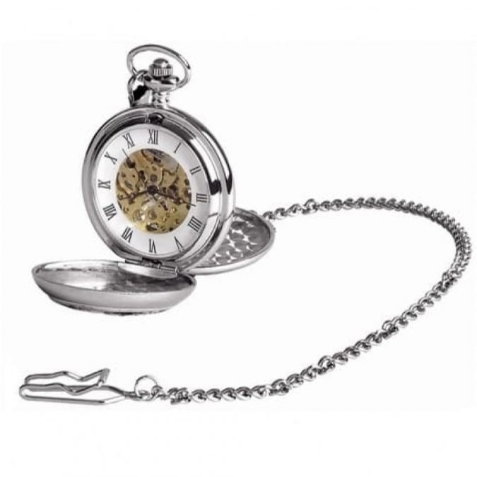 Fishing Chrome/Pewter Mechanical Double Hunter Pocket Watch