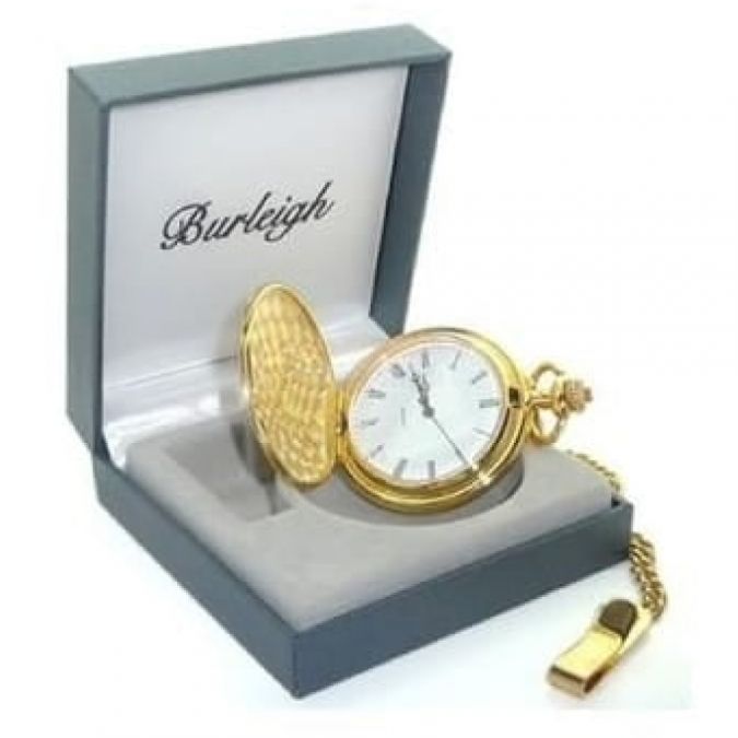 Full Hunter Polished Gold Plated Stainless Steel Pocket Watch With Chain & Stand