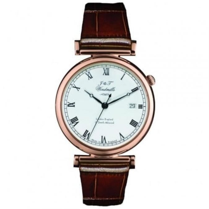 Gents Leather & Rose Gold Silver English 17 Jewels Mechanical Watch