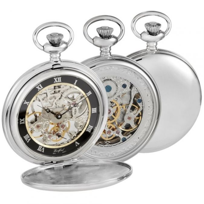 Chrome Plated Open Back Skeleton Full Hunter Pocket Watch