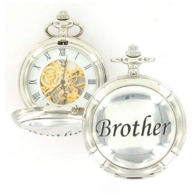 Brother Chrome/Pewter Mechanical Double Hunter Pocket Watch