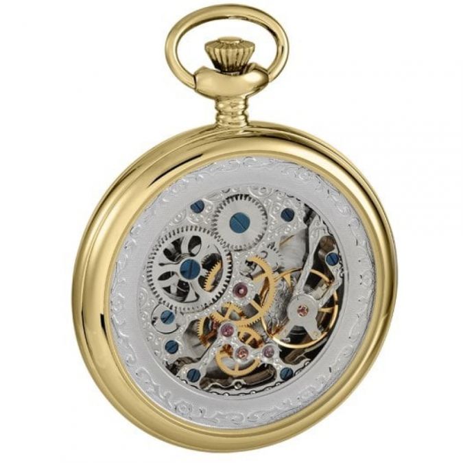Gold Plated Open Back Skeleton Full Hunter Pocket Watch