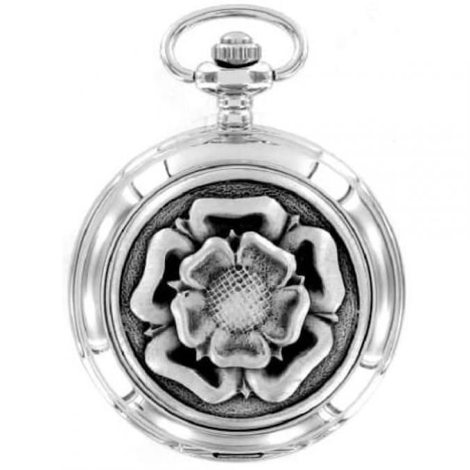 English Rose Chrome/Pewter Mechanical Double Hunter Pocket Watch