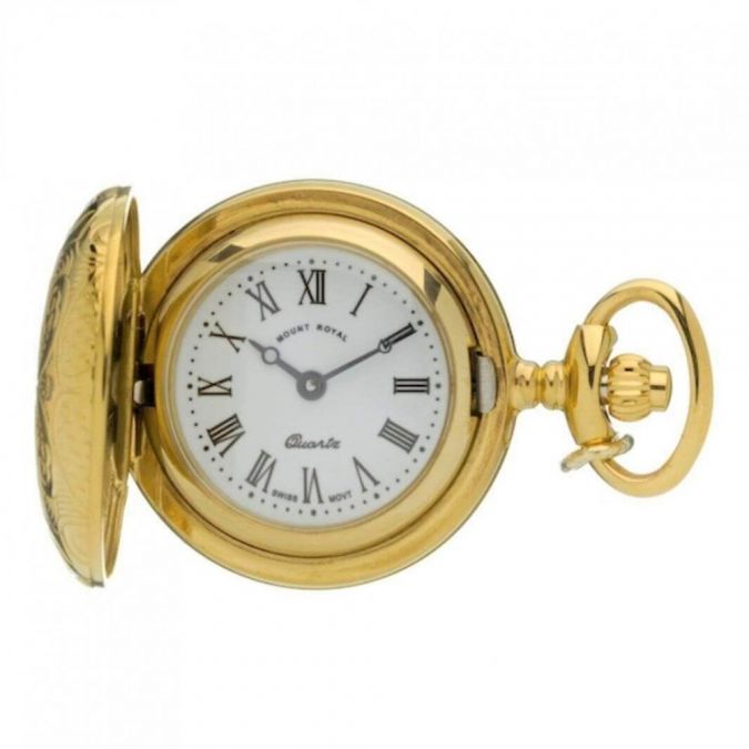 Gold Tone Full Hunter Pattern Quartz Pendant Necklace Watch