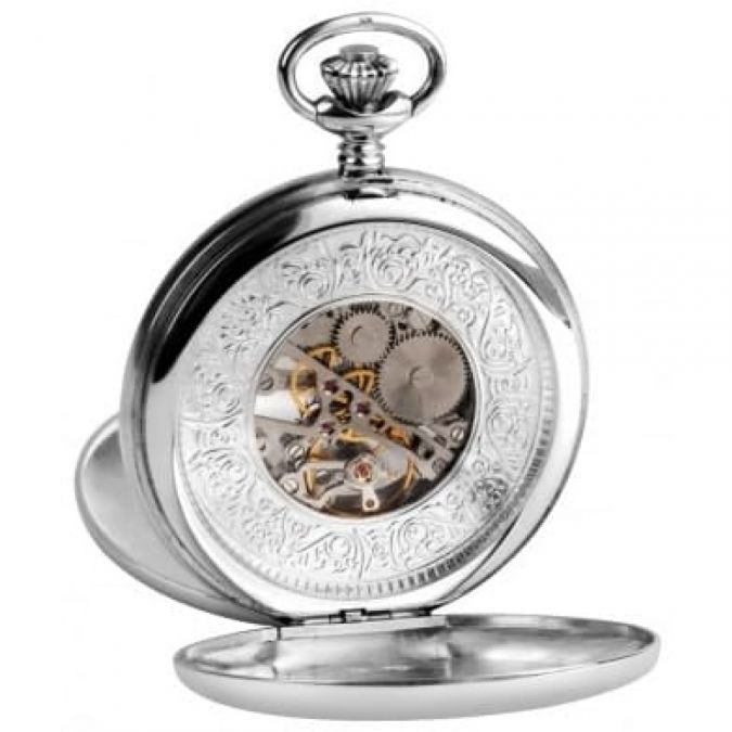 Double Hunter Sterling Silver Mechanical Pocket Watch With Albert T-bar Chain
