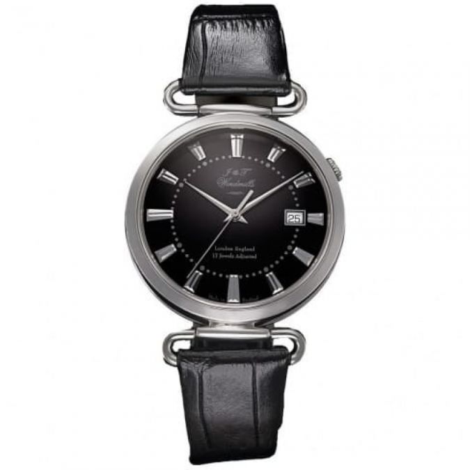 Gents Black Leather & Silver English 17 Jewels Mechanical Watch