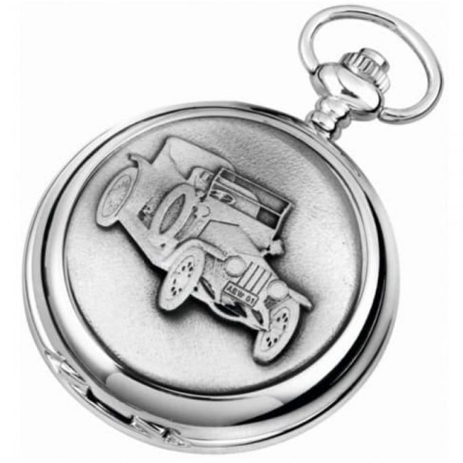 Vintage Car Chrome/Pewter Mechanical Double Hunter Pocket Watch