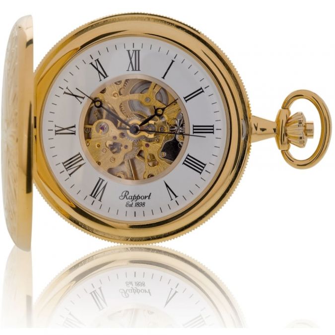 Gold Plated 17 Jewel Mechanical Skeleton Double Opening Full Hunter