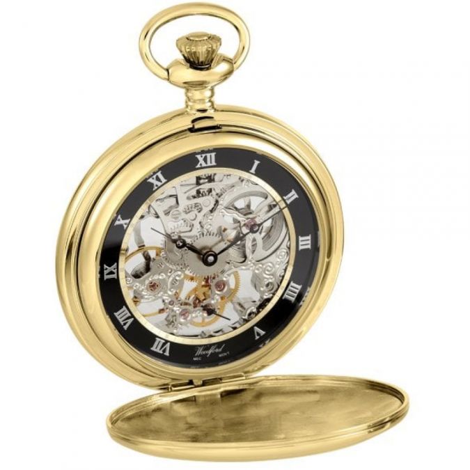 Gold Plated Open Back Skeleton Full Hunter Pocket Watch