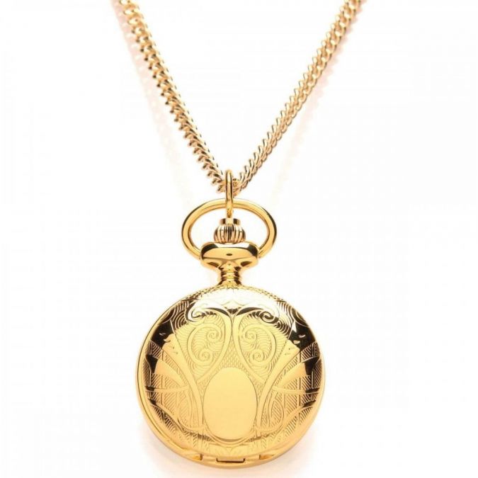 Ladies Patterned Gold Plated Roman Numeral Full Hunter Pendant Necklace Watch