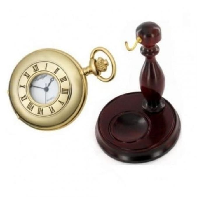Gents Half Hunter Gold Plated Stainless Steel Pocket Watch With Chain & Stand