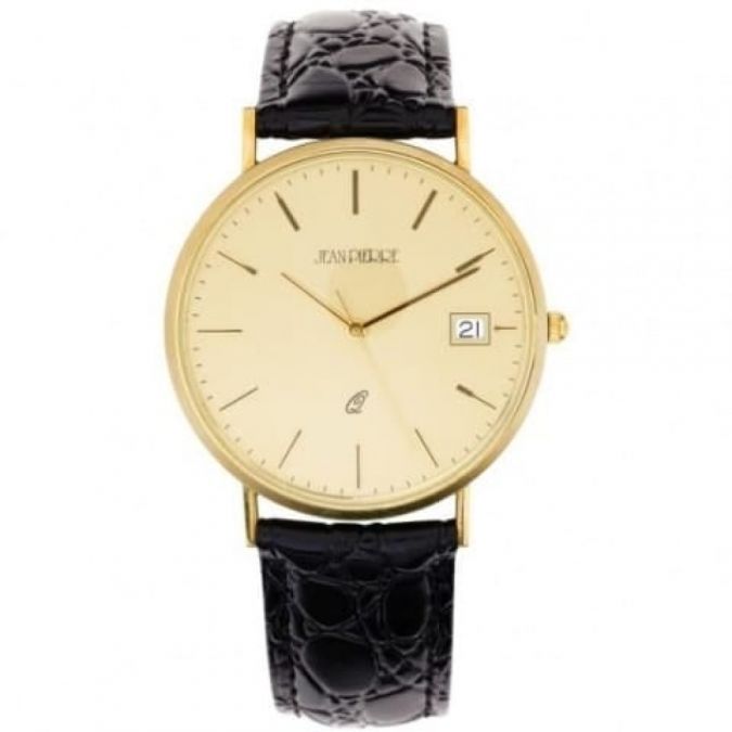 Gents 9 Carat Gold Black Leather Quartz Wristwatch With Champagne Dial