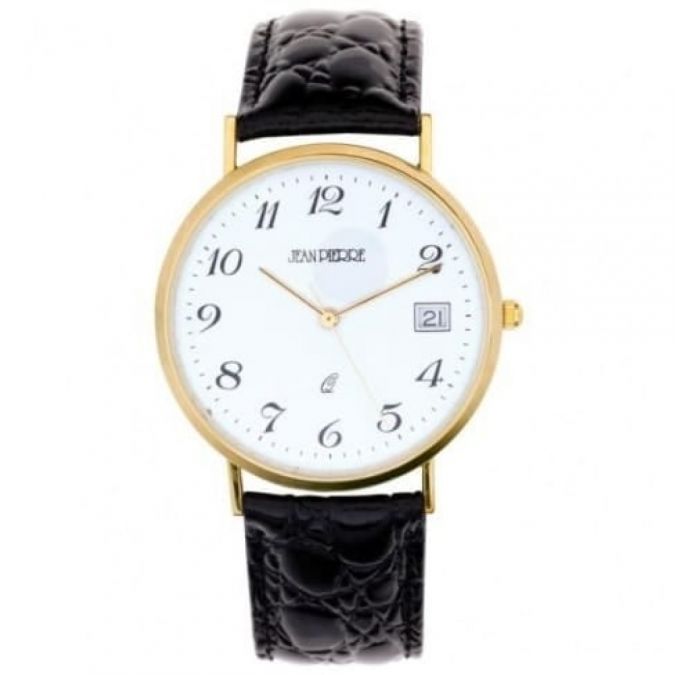 Gents 9 Carat Gold Black Leather Quartz Wristwatch With Arabic Numerals
