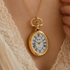 Gold Plated Open Face Quartz Pendant Necklace Watch