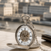 The Windsor Chrome Plated Double Half Hunter Mechanical Pocket Watch with Chain