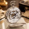 Chrome Plated Double Hunter Dual Time Mechanical Pocket Watch Moondial with Chain