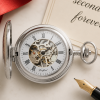 Chrome Plated Full Hunter Skeleton Dial Mechanical Pocket Watch Engravable Shield with Chain
