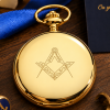 Masonic Gold Plated Full Hunter Date Display Quartz Pocket Watch with Chain