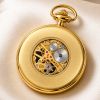 Gold Plated Open Face Skeleton Dial Mechanical Pocket Watch Gents with Chain