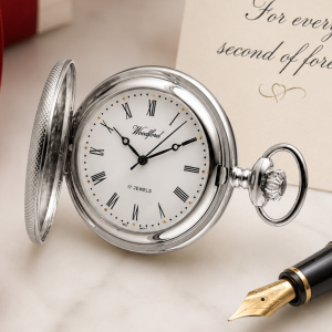 Chrome Plated Half Hunter Mechanical Pocket Watch with Chain