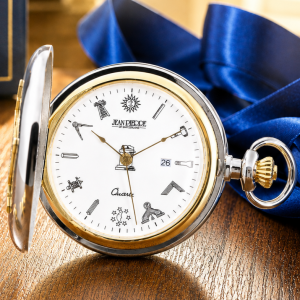 Masonic Two-Tone Full Hunter Date Display Quartz Pocket Watch with Chain