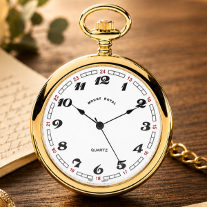 Gold Plated Open Face Quartz Pocket Watch with Chain
