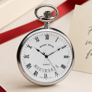 Chrome Plated Open Face Date Display Quartz Pocket Watch with Chain