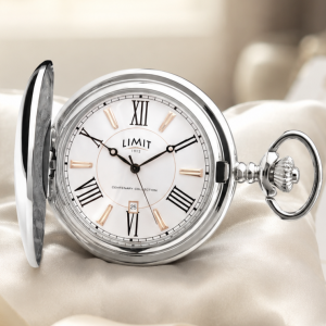 Silver Plated Full Hunter Date Display Quartz Pocket Watch