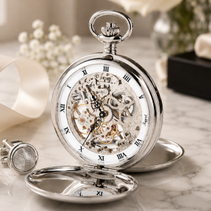 Chrome Plated Double Hunter Mechanical Pocket Watch with Chain