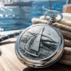 Sports Chrome & Pewter Full Hunter Quartz Pocket Watch with Chain