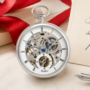 Chrome Plated Open Face Skeleton Dial Mechanical Pocket Watch with Chain