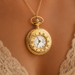 Gold Plated Half Hunter Quartz Pendant Necklace Chain Watch