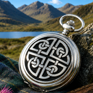 Celtic Chrome & Pewter Full Hunter Quartz Pocket Watch Knotwork Black with Chain