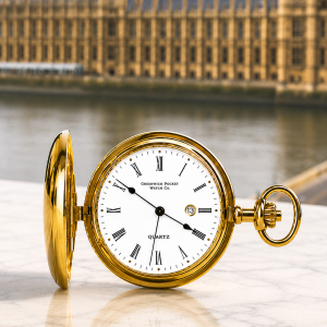 The Blenheim Plated Full Hunter Date Display Quartz Pocket Watch with Chain