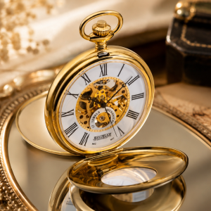 Gold Plated Double Half Hunter Mechanical Pocket Watch Heartbeat Window with Chain