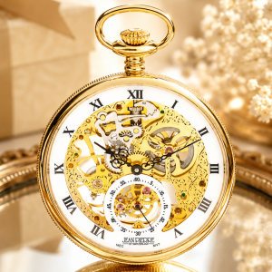 Gold Plated Open Face Skeleton Dial Mechanical Pocket Watch with Chain