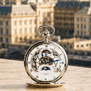 Chrome Plated Double Hunter Dual Time Mechanical Pocket Watch Westminster with Chain