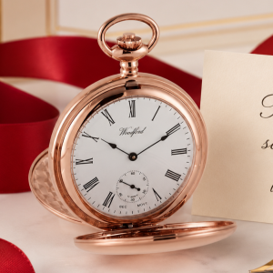 Rose Gold Plated Double Hunter Mechanical Pocket Watch Twin Lidded with Chain