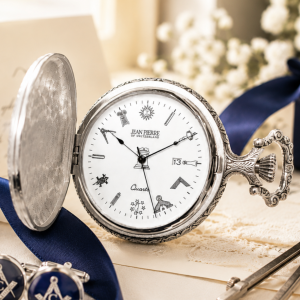 Masonic Silver Plated Full Hunter Date Display Quartz Pocket Watch with Chain