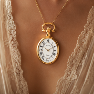 Gold Plated Open Face Quartz Oval Pendant Necklace Watch
