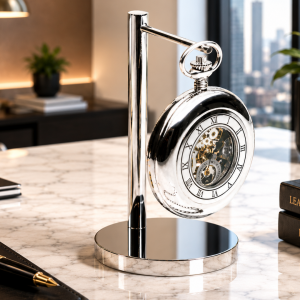 Chrome Plated Half Hunter Skeleton Dial Mechanical Pocket Watch Pouch Stand with Chain