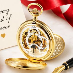 Gold Plated Double Hunter Dual Time Mechanical Pocket Watch with Chain