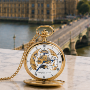 The Westminster Gold Plated Double Hunter Dual Time Mechanical Pocket Watch with Chain