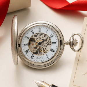 Chrome Plated Half Hunter Skeleton Dial Mechanical Pocket Watch with Chain