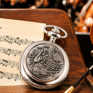 Chrome & Pewter Full Hunter Musical Quartz Pocket Watch with Chain
